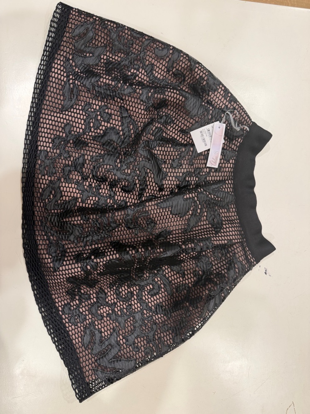 Chelsea28 Black Lace Overlay Circle Skirt with Nude Lining